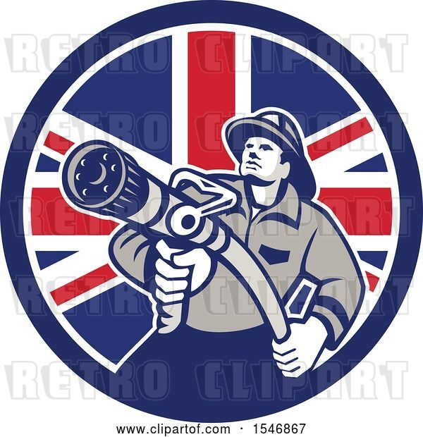 Vector Clip Art of Retro Firefighter Holding a Hose in a British Flag Circle