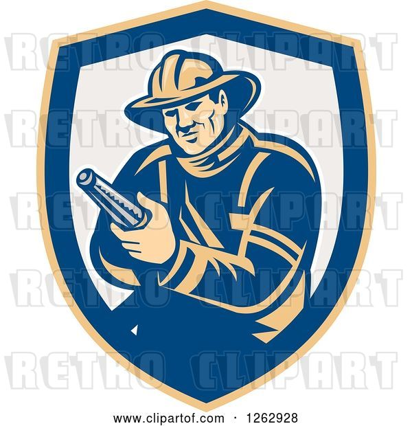 Vector Clip Art of Retro Firefighter Holding a Hose in a Yellow Blue and Taupe Shield