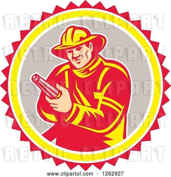 Vector Clip Art of Retro Firefighter Holding a Hose in a Yellow Gray White and Red Circle