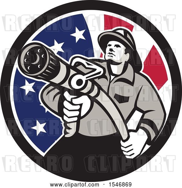 Vector Clip Art of Retro Firefighter Holding a Hose in an American Flag Circle