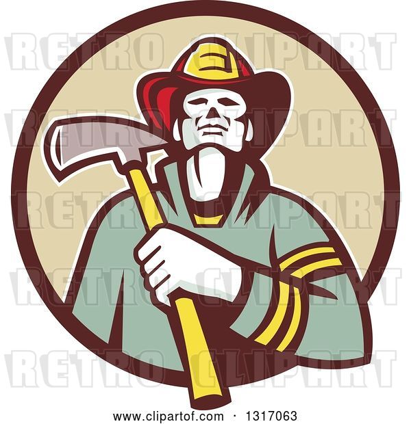 Vector Clip Art of Retro Firefighter Holding an Axe in a Brown and Tan Circle