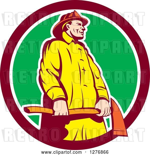 Vector Clip Art of Retro Firefighter Holding an Axe in a Maroon White and Green Circle