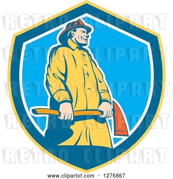 Vector Clip Art of Retro Firefighter Holding an Axe in a Yellow Blue and White Shield