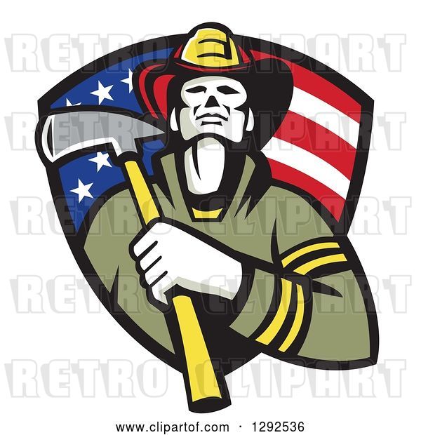 Vector Clip Art of Retro Firefighter Holding an Axe in an American Flag Shield