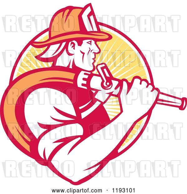 Vector Clip Art of Retro Firefighter in Profile, Carrying a Hose over His Shoulder, Against a Yellow Ray Circle