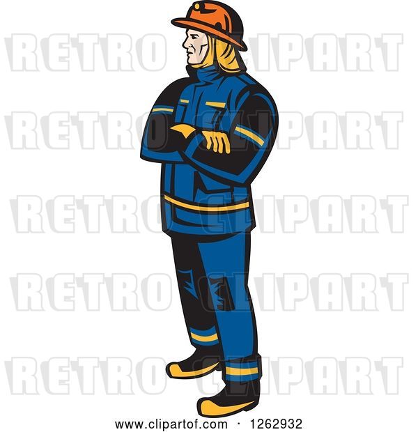 Vector Clip Art of Retro Firefighter Standing with Folded Arms