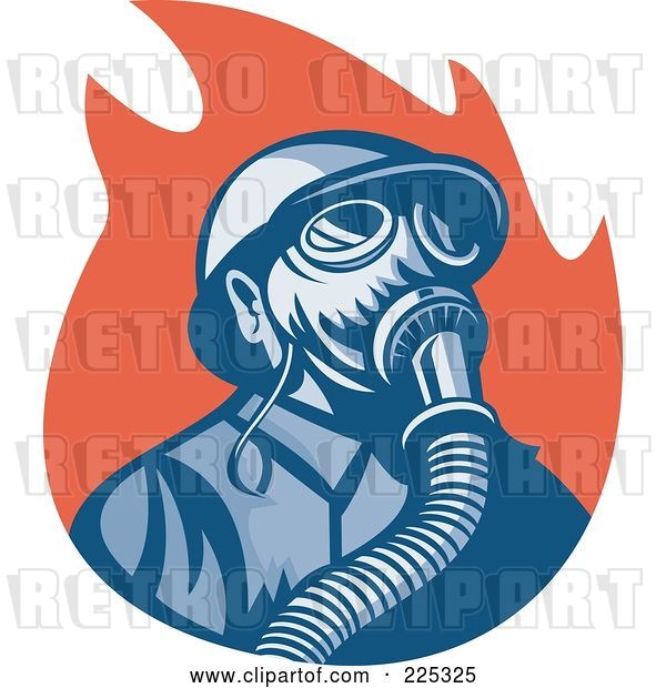 Vector Clip Art of Retro Firefighter Wearing a Gas Mask over Red Flames