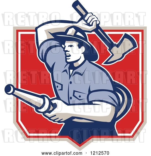 Vector Clip Art of Retro Firefighter with a Hose and Axe in a Shield