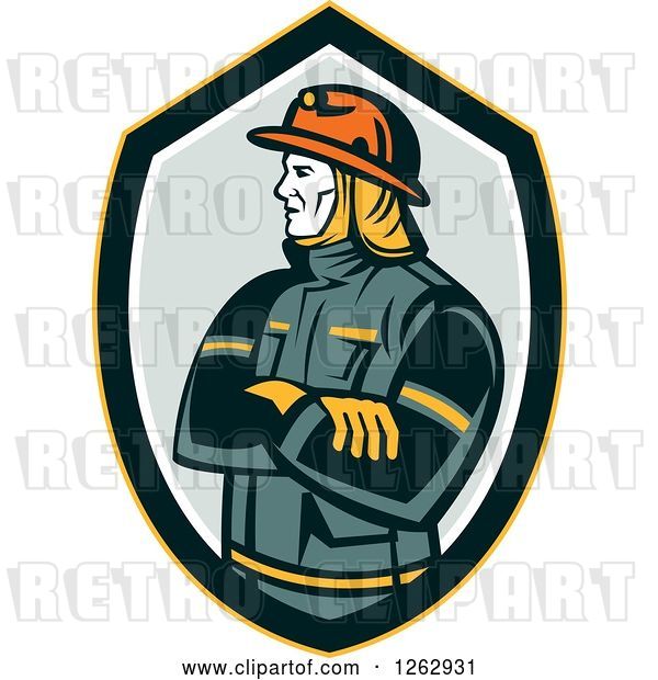 Vector Clip Art of Retro Firefighter with Folded Arms in a Shield