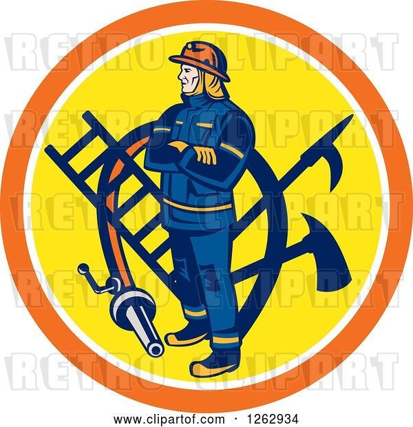 Vector Clip Art of Retro Firefighter with Tools and a Hose in an Orange White and Yellow Circle