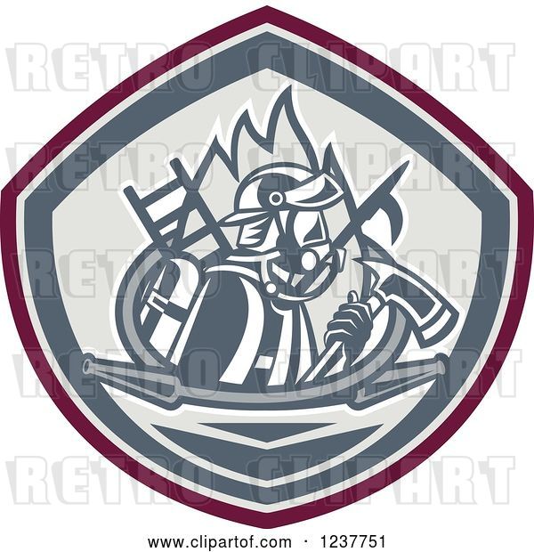 Vector Clip Art of Retro Firefighter with Tools and Flames in a Shield