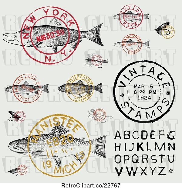 Vector Clip Art of Retro Fish Postmark Stamps and Alphabet Design Elements