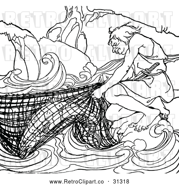 Vector Clip Art of Retro Fisherman with His Catch in a Net