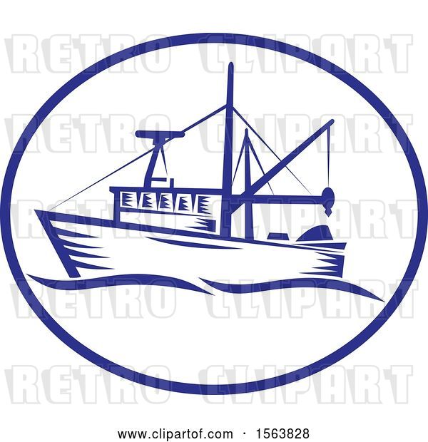 Vector Clip Art of Retro Fishing Boat with Waves in an Oval