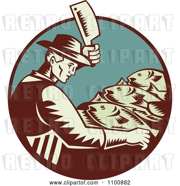 Vector Clip Art of Retro Fishmonger Butchering Fish with a Cleaver Knife