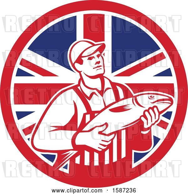 Vector Clip Art of Retro Fishmonger in a Union Jack Flag Circle