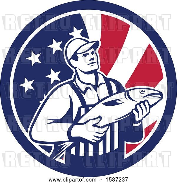 Vector Clip Art of Retro Fishmonger in an American Flag Circle