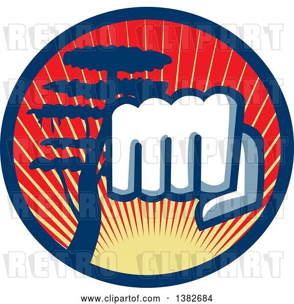 Vector Clip Art of Retro Fist Punching Outwards in a Blue Circle with a Cypress Tree and Sunset