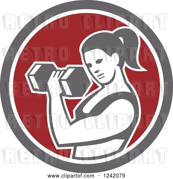 Vector Clip Art of Retro Fit Lady Doing Bicep Curls with a Dumbbell in a Circle