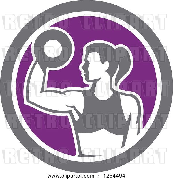 Vector Clip Art of Retro Fit Lady Doing Bicep Curls with a Dumbbell in a White Purple and Gray Circle