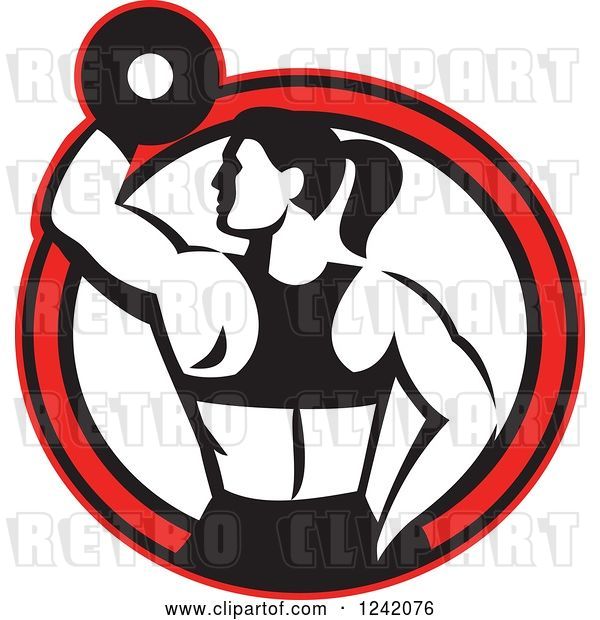 Vector Clip Art of Retro Fit Lady Working out with a Dumbbell in a Red Circle