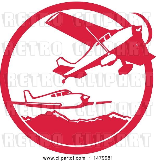 Vector Clip Art of Retro Fixed Wing Aircraft Against Mountains in a Red and White Circle