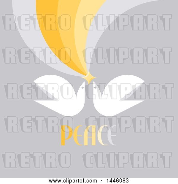 Vector Clip Art of Retro Flat Styled Dove Pair Flying with a Star, with Peace Text on Gray