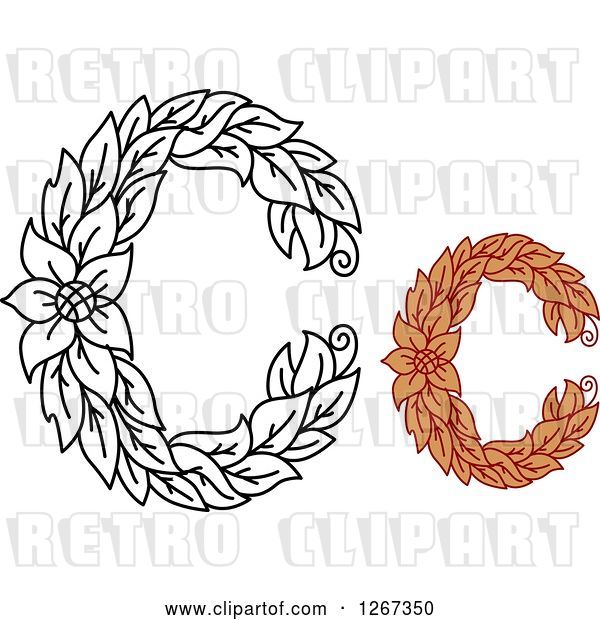 Vector Clip Art of Retro Floral Capital Letter C Designs with a Flower