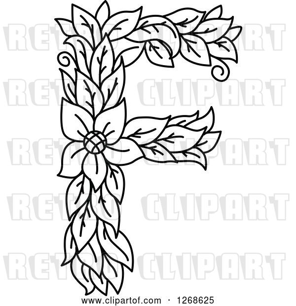 Vector Clip Art of Retro Floral Capital Letter F with a Flower