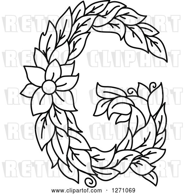 Vector Clip Art of Retro Floral Capital Letter G with a Flower
