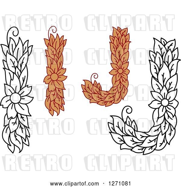 Vector Clip Art of Retro Floral Capital Letter I and J Designs with a Flowers