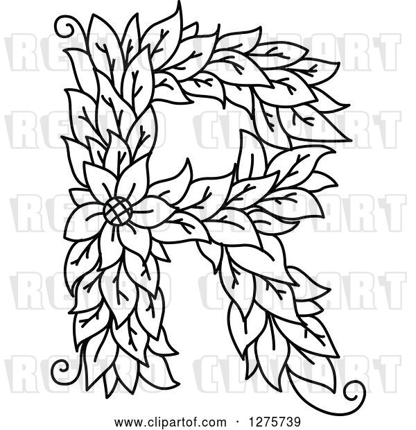 Vector Clip Art of Retro Floral Capital Letter R with a Flower