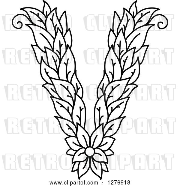 Vector Clip Art of Retro Floral Capital Letter V with a Flower