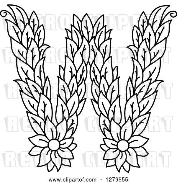 Vector Clip Art of Retro Floral Capital Letter W with a Flower