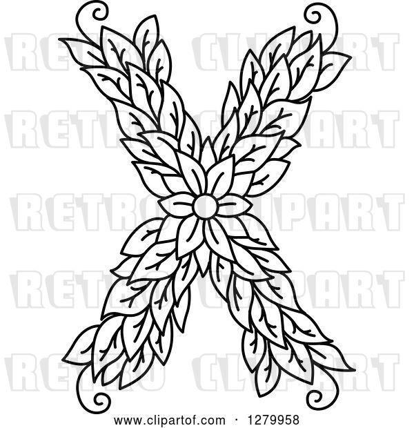 Vector Clip Art of Retro Floral Capital Letter X with a Flower