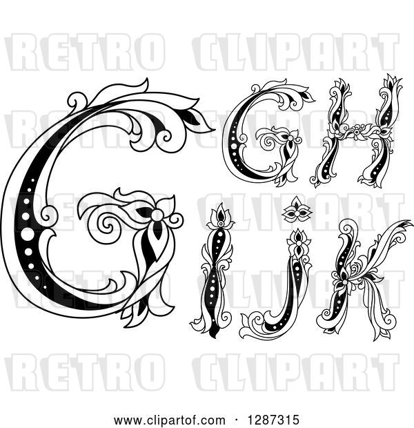 Vector Clip Art of Retro Floral Capital Letters G, H, I, J and K