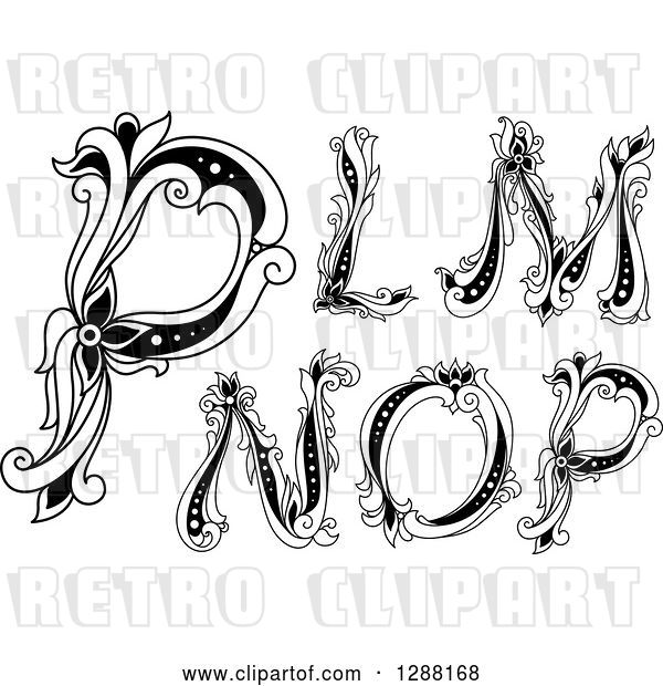 Vector Clip Art of Retro Floral Capital Letters L, M, N, O and P