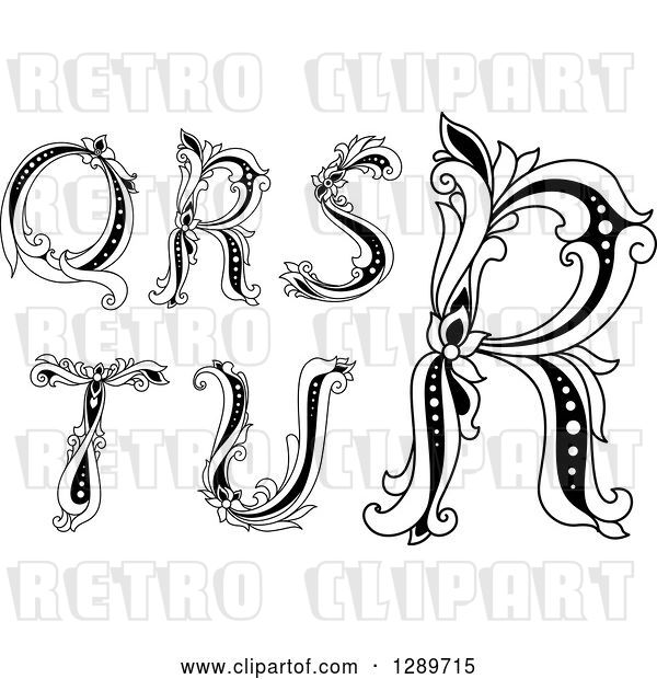 Vector Clip Art of Retro Floral Capital Letters Q, R, S, T and U