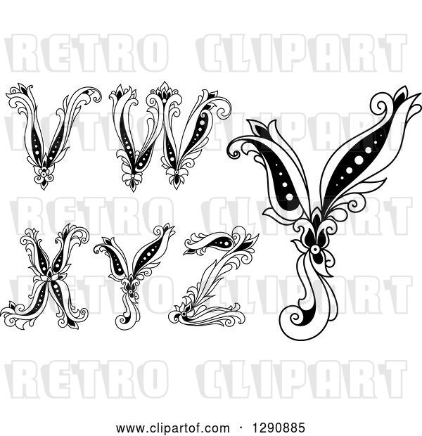 Vector Clip Art of Retro Floral Capital Letters V, W, X, Y and Z