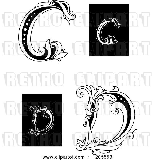 Vector Clip Art of Retro Floral Letter C and D 2