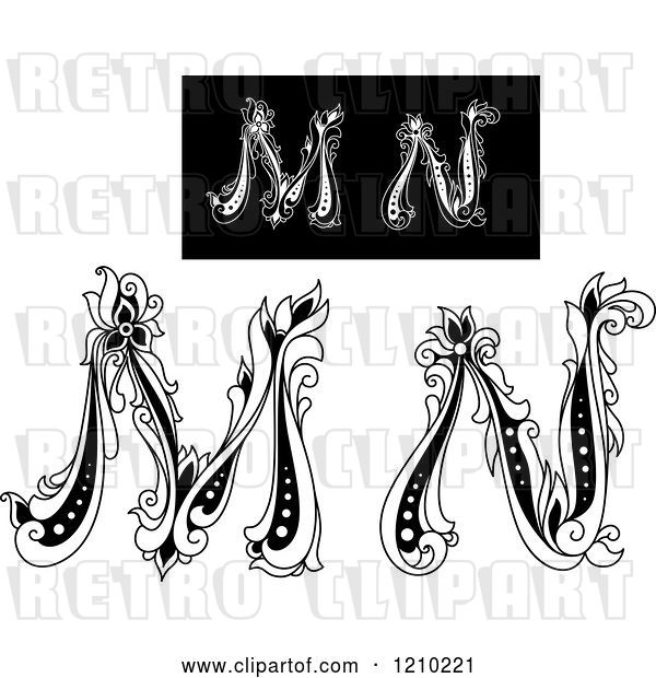Vector Clip Art of Retro Floral Letter M and N