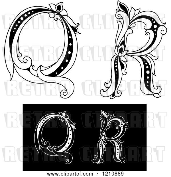 Vector Clip Art of Retro Floral Letter Q and R