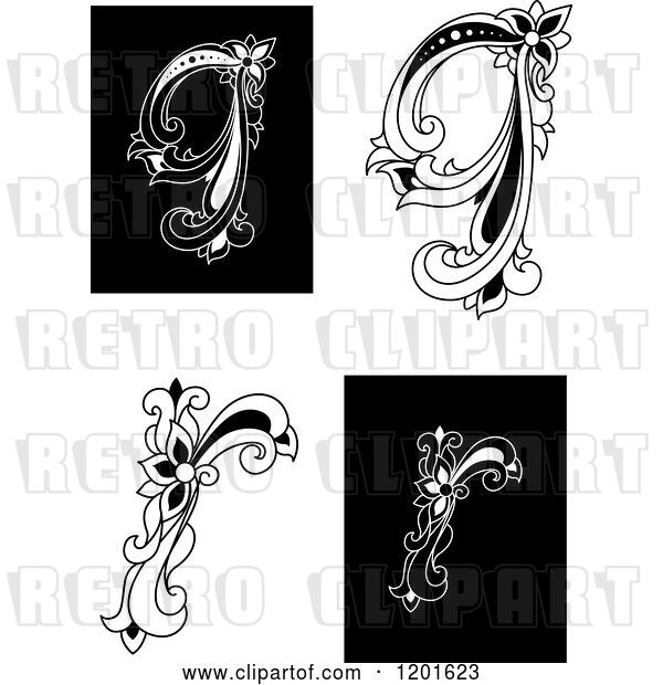 Vector Clip Art of Retro Floral Letters Q and R