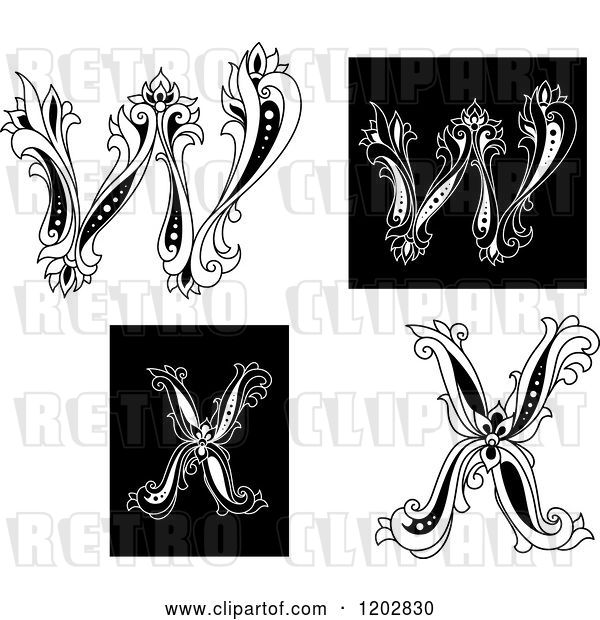 Vector Clip Art of Retro Floral Letters W and X