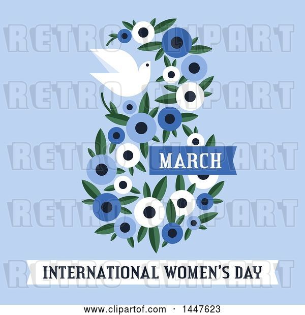 Vector Clip Art of Retro Floral March 8th International Women's Day Design with a Dove on Blue
