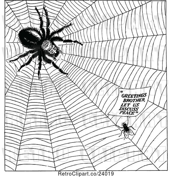 Vector Clip Art of Retro Fly and Spider Having Peace Talks