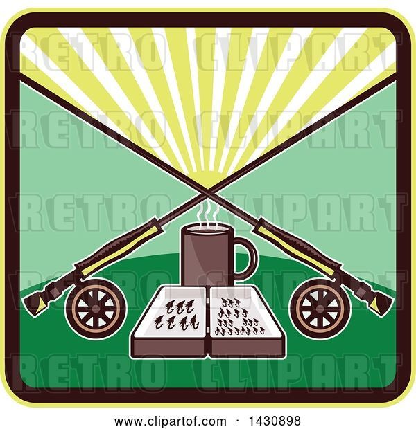 Vector Clip Art of Retro Fly Box and Coffee Mug Under Crossed Fishing Rods in a Sunrise Square