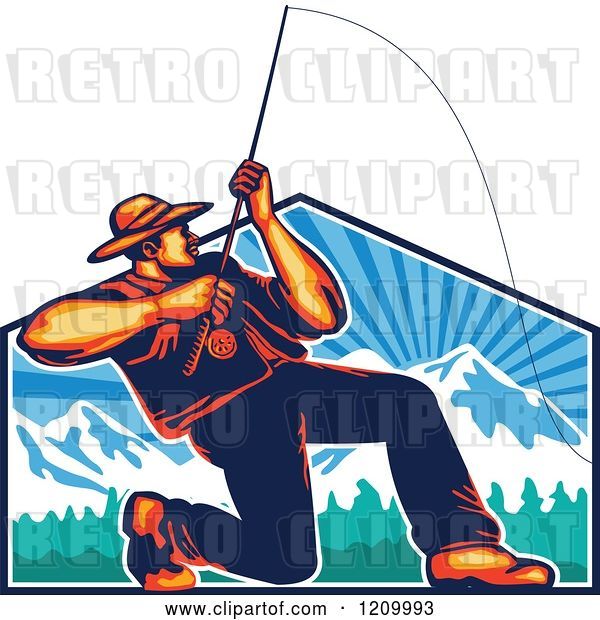 Vector Clip Art of Retro Fly Fisher Man Casting and Reeling over Mountains