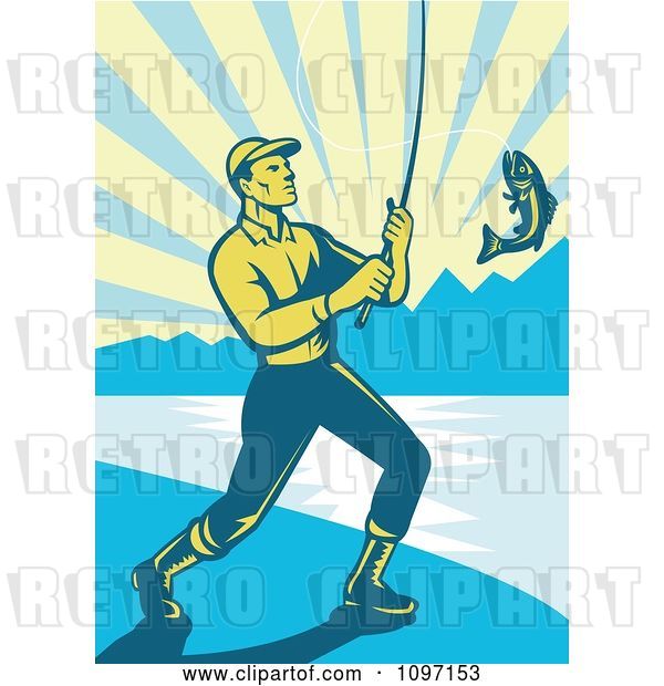 Vector Clip Art of Retro Fly Fisher Man Reeling in a Largemouth Bass on a Beach