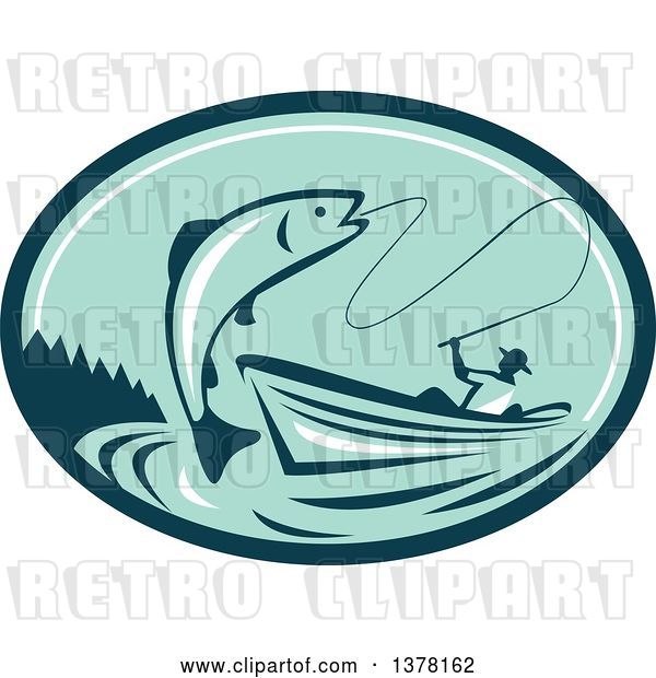 Vector Clip Art of Retro Fly Fisher Man Reeling in a Trout or Salmon Fish from a Boat in a Teal and Green Oval